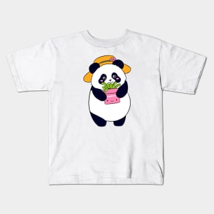 Cute panda bear holding a plant Kids T-Shirt